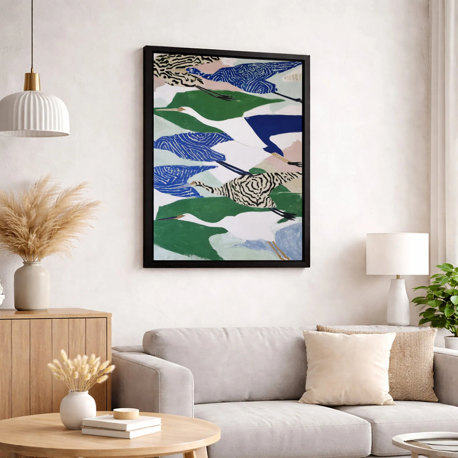 Abstract Crane Canvas Wall Art | Flying Birds with Zebra Pattern Print | 1.25-Inch Gallery Wrap | Modern Home Office Decor