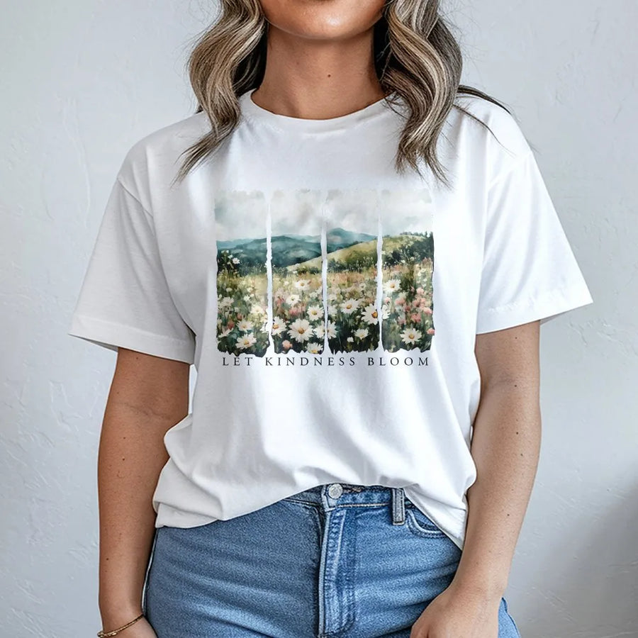 Let Kindness Bloom T-Shirt | Watercolor Wildflower Meadow Graphic | Soft 100% Cotton Tee | Inspirational Gift, Positive Message Shirt