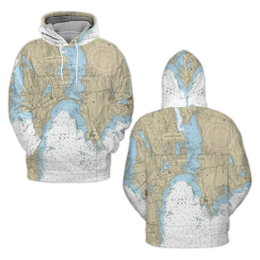 Niantic Bay Nautical Chart Hoodie | All-Over Print Map Sweatshirt | Premium Polyester Fleece | Gift For Boating Enthusiasts And Sailors