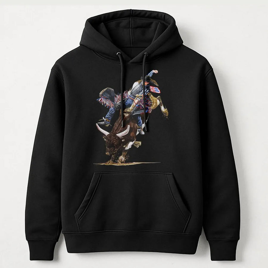Rodeo Bull Riding Hoodie | Cowboy Action Graphic Sweatshirt | Premium Cotton-Poly Blend | Western Country Gift For Men And Women