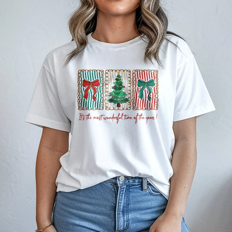 Most Wonderful Time Of The Year T-Shirt | Retro Christmas Tree Bow Graphic | Premium Soft Cotton Tee | Festive Holiday Gift For Women & Family