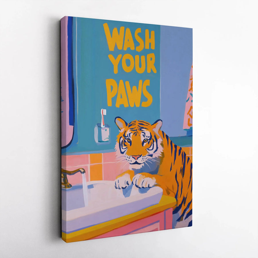 Funny Tiger Wash Your Paws Canvas | Retro Bathroom Wall Art | Premium Frameless Canvas Print | Kids & Adults Bathroom Decor Gift