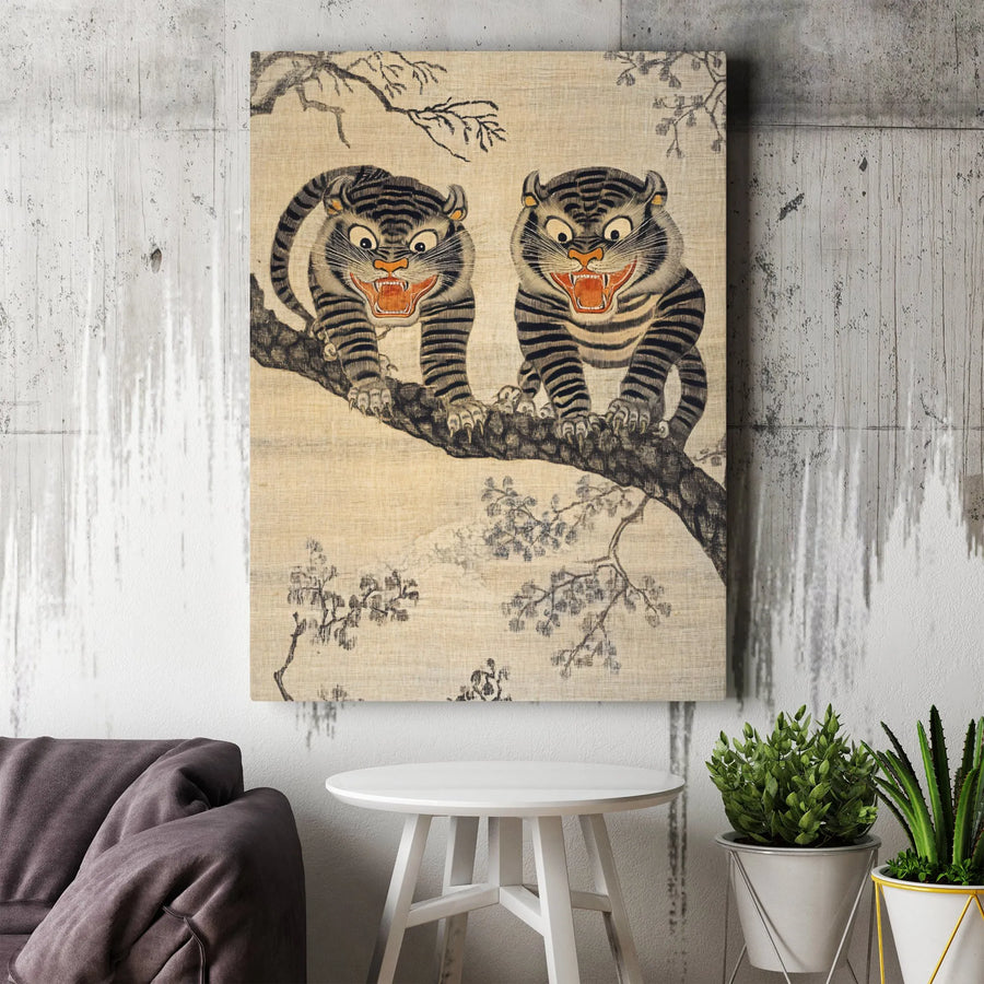 Korean Folk Art Tiger Canvas | Traditional Whimsical Tiger Painting | Gallery Wrapped Premium Canvas | Asian Interior Decor Gift