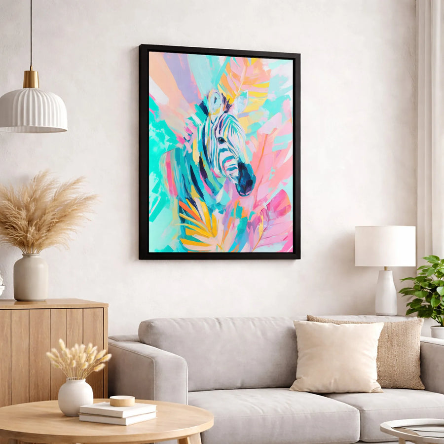 Abstract Zebra Canvas Art | Colorful Tropical Jungle Animal Print | Premium Gallery-Wrapped Wall Decor | Modern Living Room Gift Idea