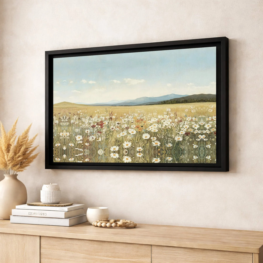 Wildflower Meadow Landscape Canvas | Mountain Daisy Field Wall Art | Premium Fade-Resistant Print | Farmhouse Home Decor Gift