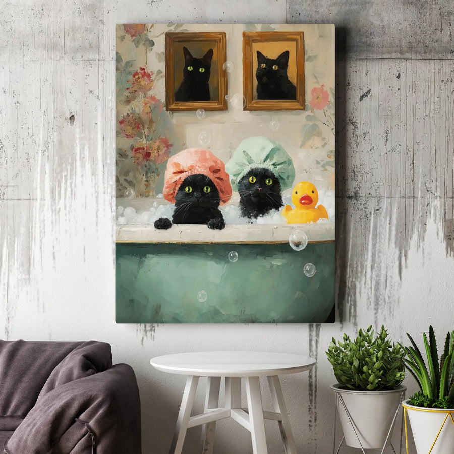 Black Cat Bubble Bath Canvas Wall Art | Funny Shower Cap Kittens Print | Premium 1.25" Gallery Wrap | Whimsical Bathroom Decor Gift for Cat Lovers