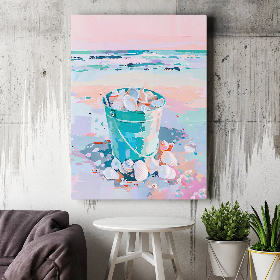 Seashell Bucket Canvas Art | Coastal Beach Painting Wall Decor | Premium 1.25-Inch Gallery Wrap | Summer Nautical Gift for Home Office