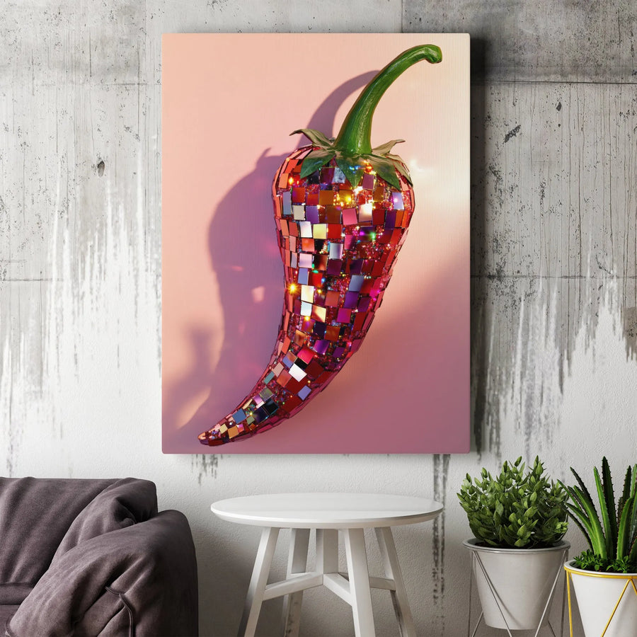 Disco Ball Chili Pepper Wall Art | Mosaic Sparkly Red Pepper Decor | Premium Gallery Wrap Canvas | Unique Kitchen & Dining Room Gift
