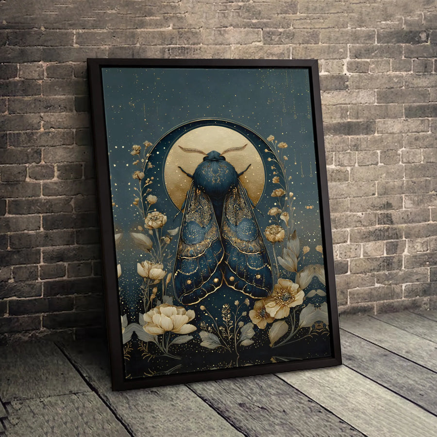 Celestial Moth Wall Art | Blue and Gold Floral Moon Canvas | Premium Gallery-Wrapped Print | Mystical Home Decor for Living Room