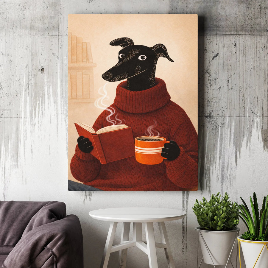 Greyhound Dog Reading Book Canvas Art | Cozy Sweater Coffee Aesthetic | Premium Fade-Resistant Print | Unique Gift for Dog Lovers & Readers