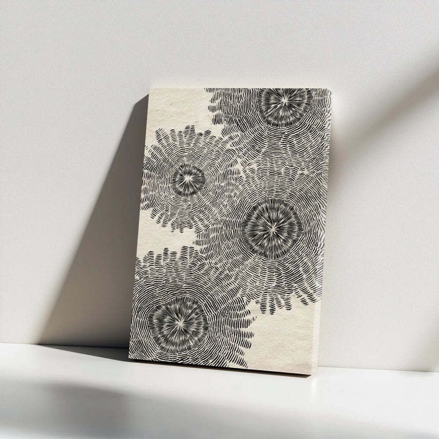 Abstract Geometric Canvas Wall Art | Monochrome Starburst Floral Pattern | Premium Gallery Wrap Print | Modern Minimalist Home Office Decor