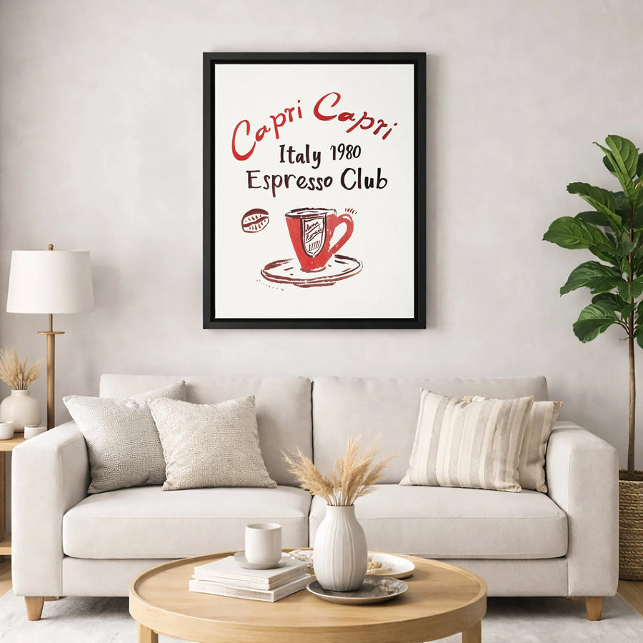 Capri Italy Espresso Club Canvas Wall Art | Retro 1980 Coffee Shop Poster | Premium Gallery Wrap Print | Kitchen & Coffee Bar Decor Gift