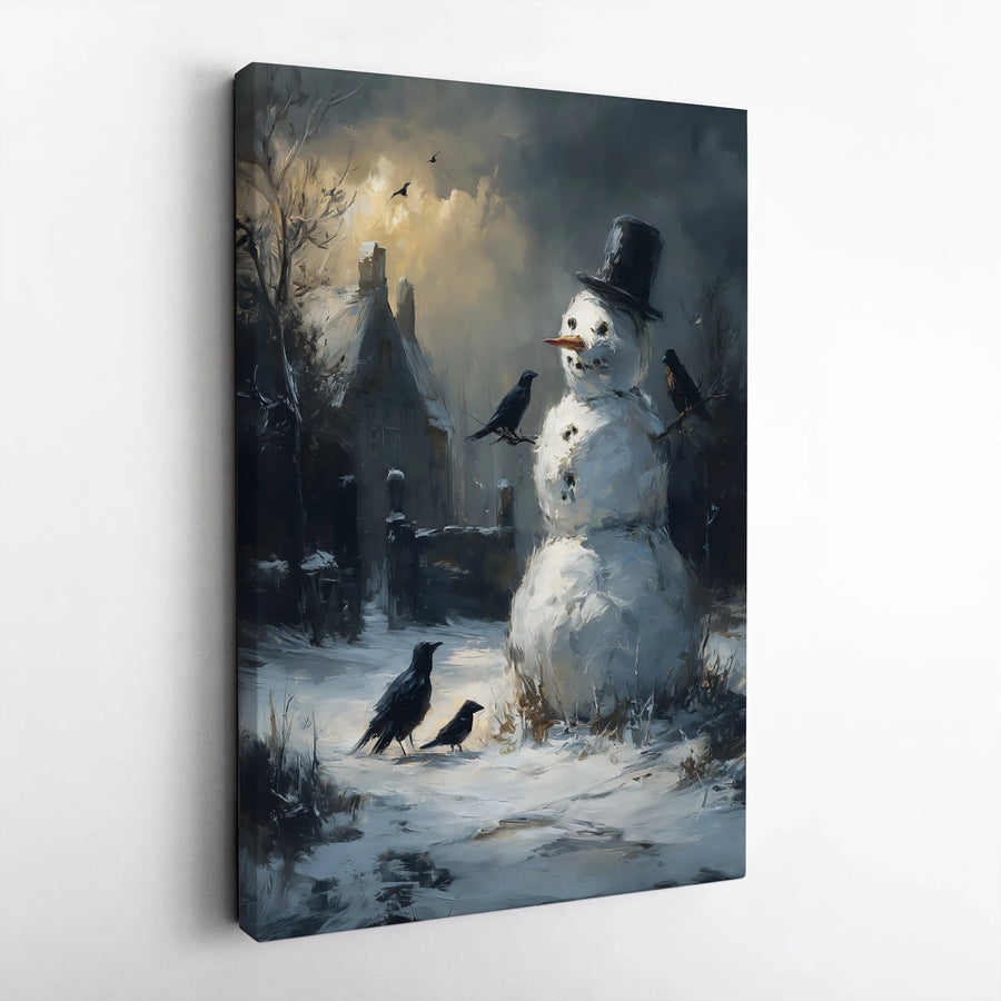 Snowman Canvas Wall Art | Dark Winter Cottage Scene with Crows | Premium Gallery Wrap Decor | Moody Christmas Holiday Gift for Home