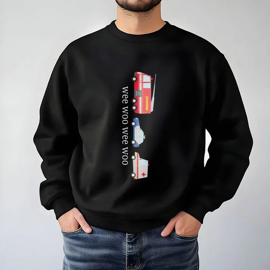 Wee Woo Sweatshirt | Cute Emergency Vehicle Graphic | Premium Cotton Blend Crewneck | Gift for Kids Toddler Truck Enthusiast