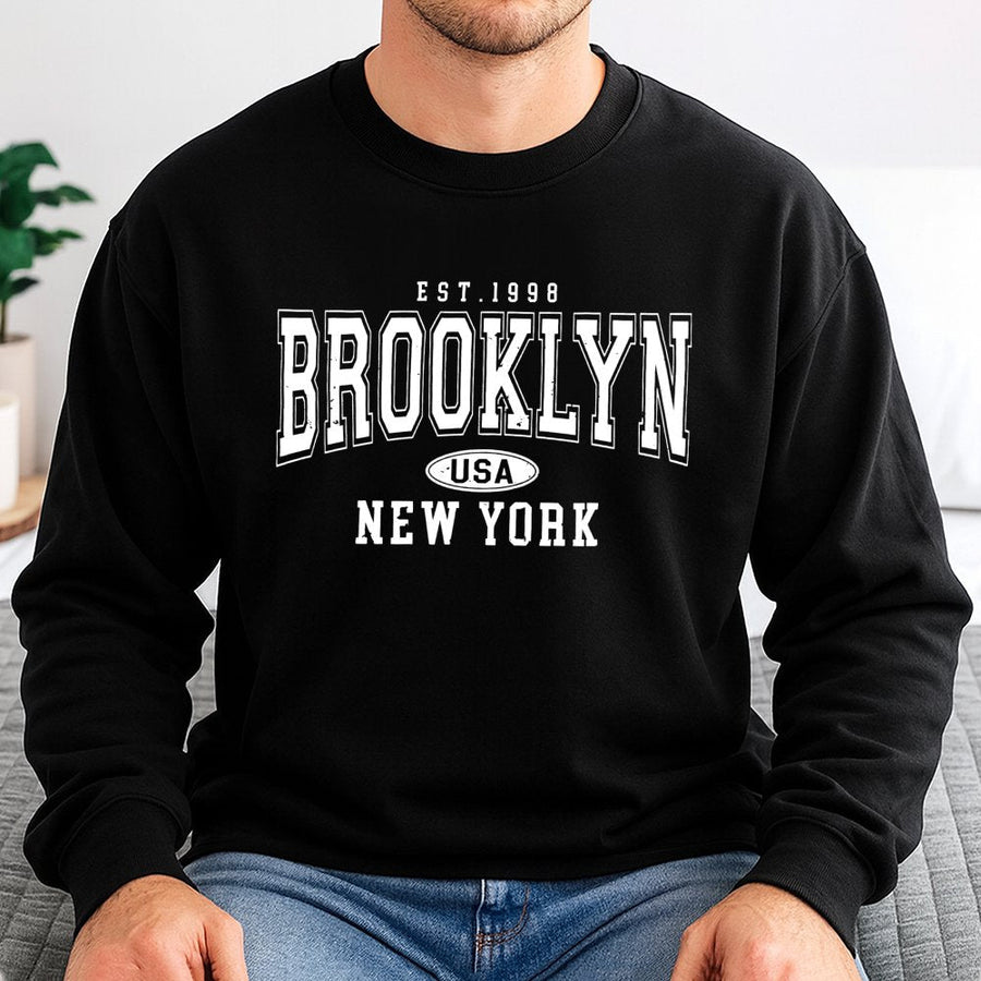 Brooklyn New York Sweatshirt | Retro Varsity Est 1998 Graphic | Unisex Premium Cotton Blend | Casual City Travel Gift For Men And Women
