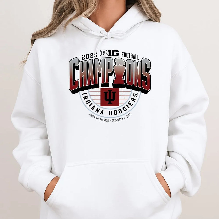 Indiana Red 2025 Big Ten Football Champions Locker Room Cotton Unisex Hoodie