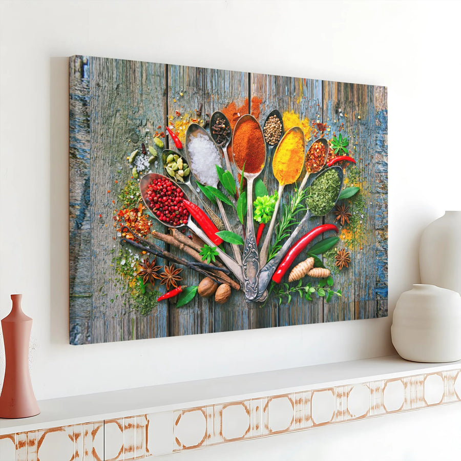Kitchen Spices Canvas Wall Art | Colorful Herbs & Spoons on Rustic Wood | Thick Gallery Wrapped Print | Modern Farmhouse Dining Room Decor Gift
