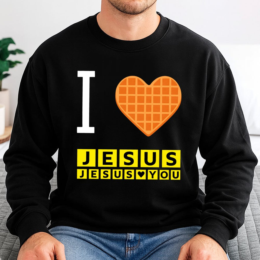 I Love Jesus Waffle Heart Sweatshirt | Funny Christian Breakfast Graphic | Soft Cotton Blend Unisex Top | Religious Gift for Men and Women