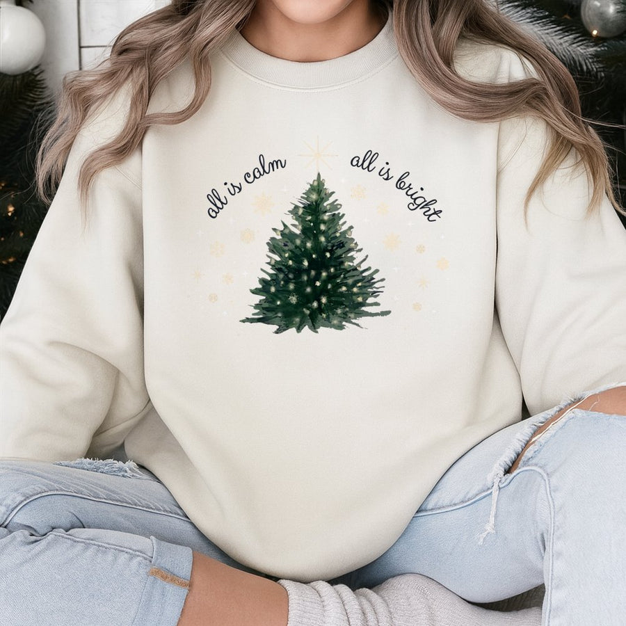 All Is Calm All Is Bright Sweatshirt | Minimalist Christmas Tree Graphic | Soft Cotton-Poly Blend | Festive Holiday Gift for Women and Men