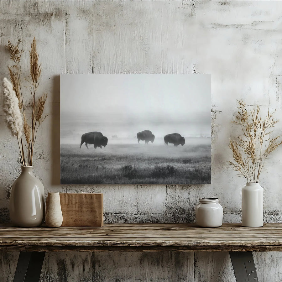 Bison Wildlife Wall Art | Foggy Morning Landscape Canvas Print | Premium Gallery Wrap Wooden Frame | Western Home Decor Gift
