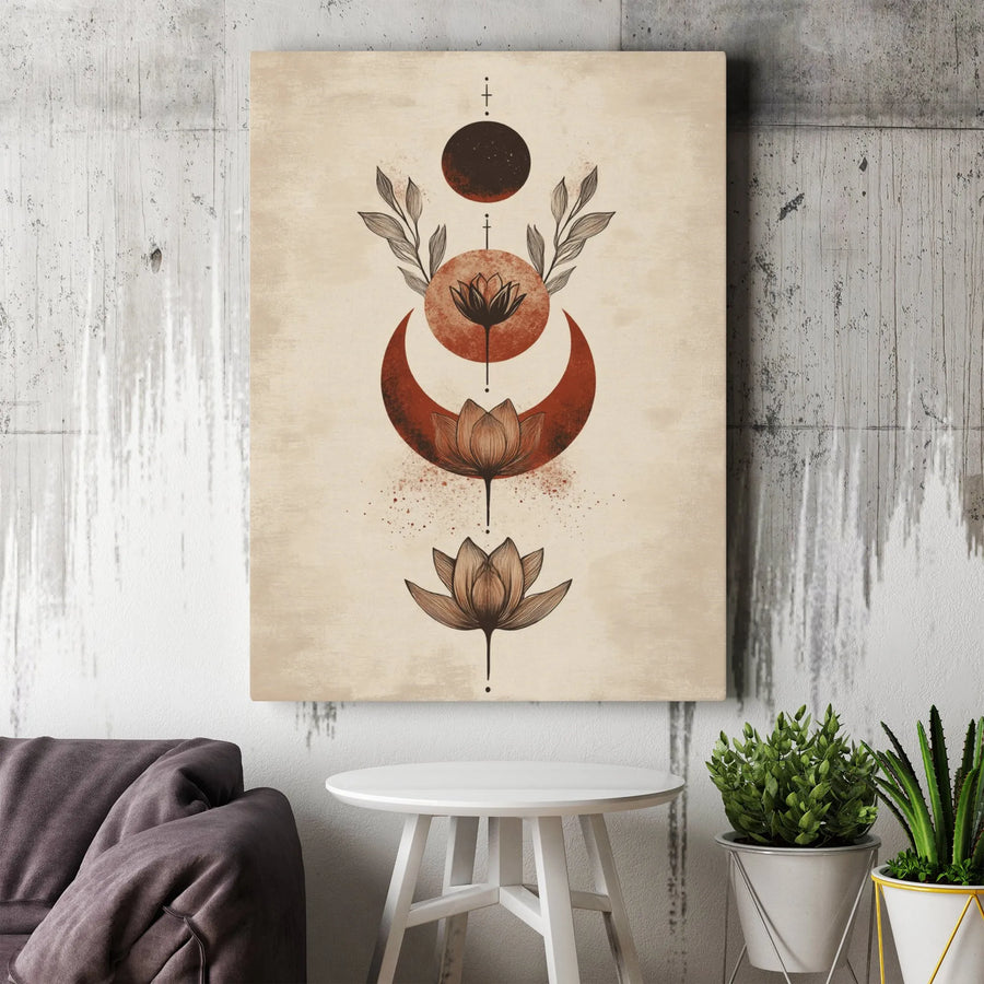 Boho Lotus Flower Canvas Wall Art | Celestial Moon Phases Decor | Premium Gallery Wrap Print | Spiritual Zen Aesthetic Gift for Home