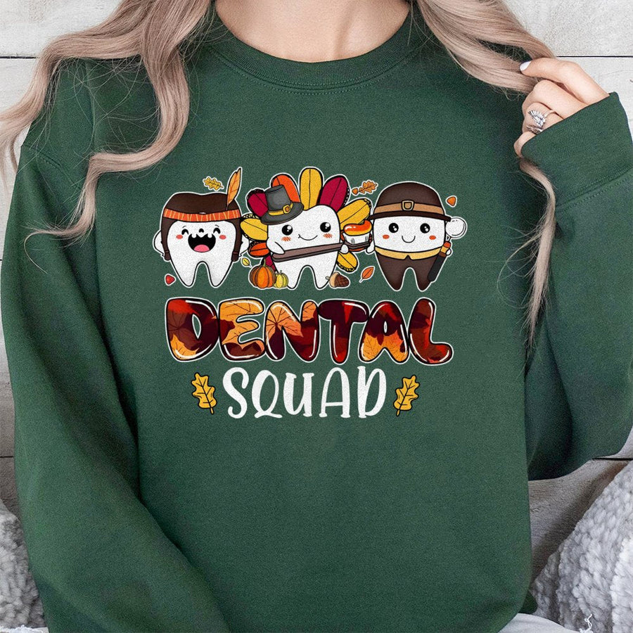 Dental Squad Thanksgiving Sweatshirt | Cute Fall Tooth Characters Graphic | Soft Cotton-Poly Blend | Gift for Dentist & Dental Hygienist