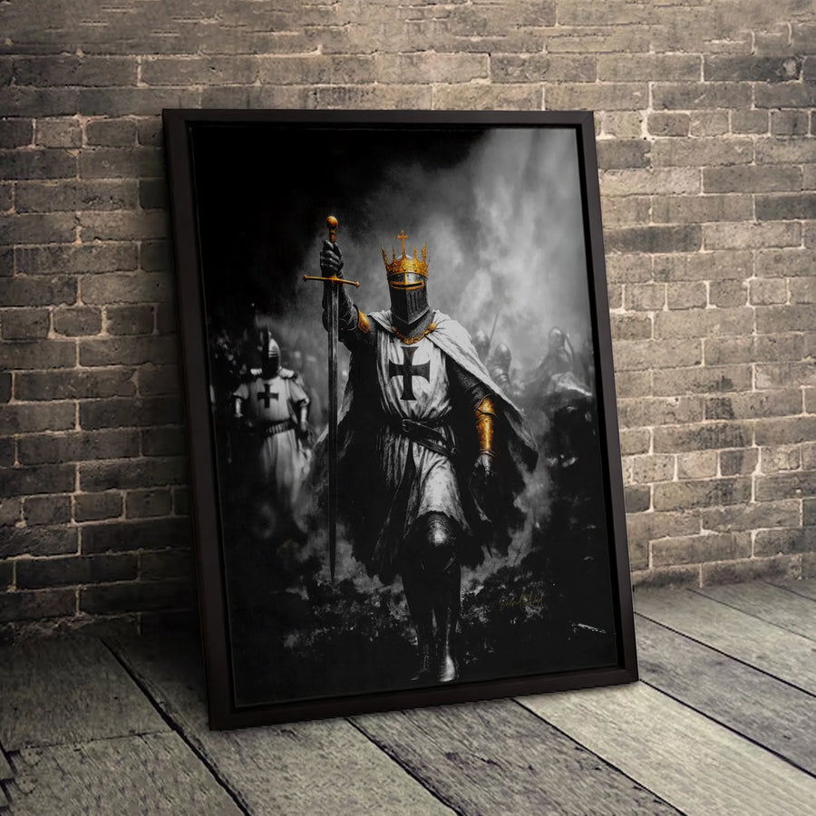 Knight Templar Canvas Wall Art | Golden Crown Crusader Warrior Design | Premium Fade-Resistant Print | Dark Aesthetic Home & Office Decor Gift