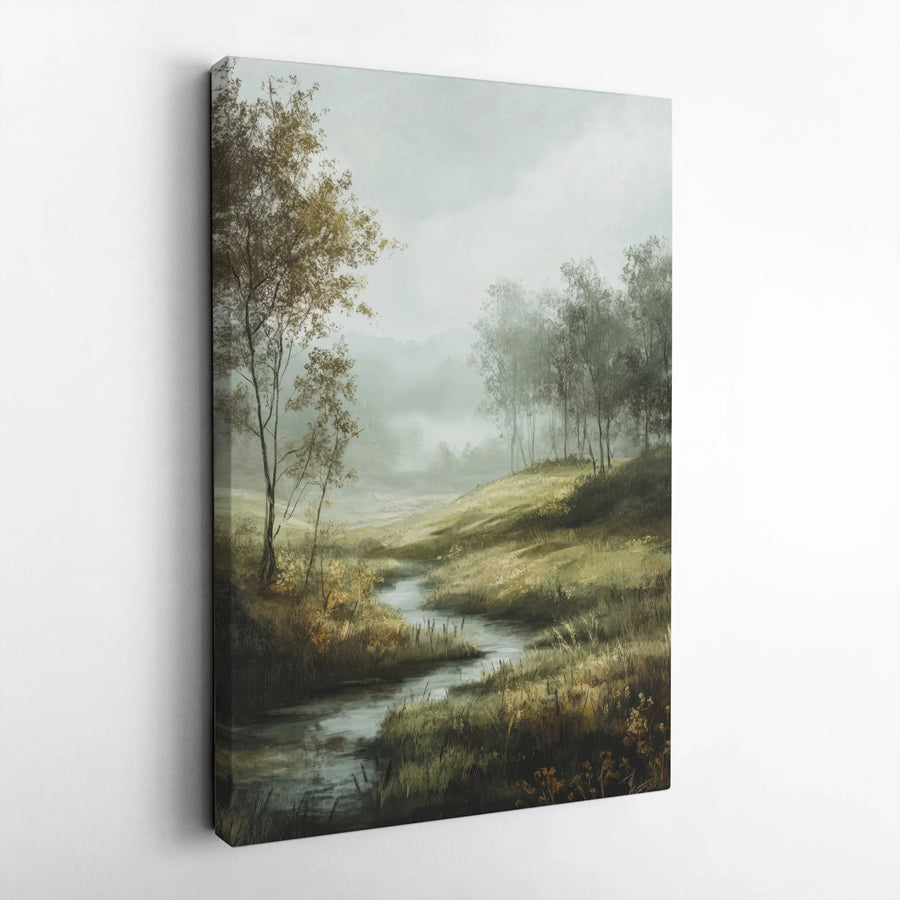 Misty River Landscape Canvas Print | Moody Oil Painting Style Art with Foggy Forest Scene | Premium Thick Gallery Wrap | Living Room & Office Wall Decor Gift