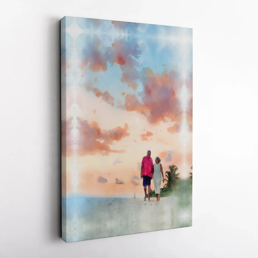 Elderly Couple Beach Sunset Canvas | Romantic Watercolor Wall Art | Premium Gallery-Wrapped Print | Meaningful Anniversary Gift for Parents