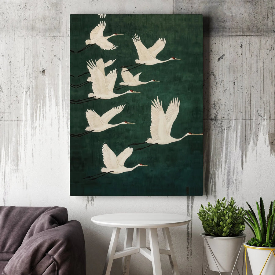 Japanese Crane Wall Art | Minimalist Flying Bird Canvas Print | Premium Gallery-Wrapped Decor | Elegant Zen Home Office Gift