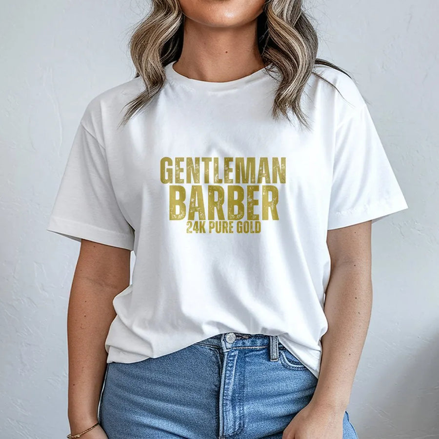 Gentleman Barber T-Shirt | 24K Gold Graphic Design | Premium Cotton Apparel | Unique Gift for Hairdresser or Stylist