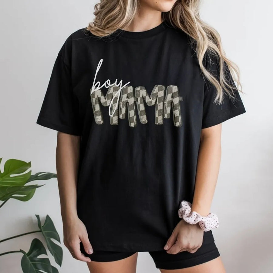 Boy Mama T-Shirt | Retro Checkered Graphic Crewneck | Premium Cotton Blend | Mothers Day Gift for Mom of Boys