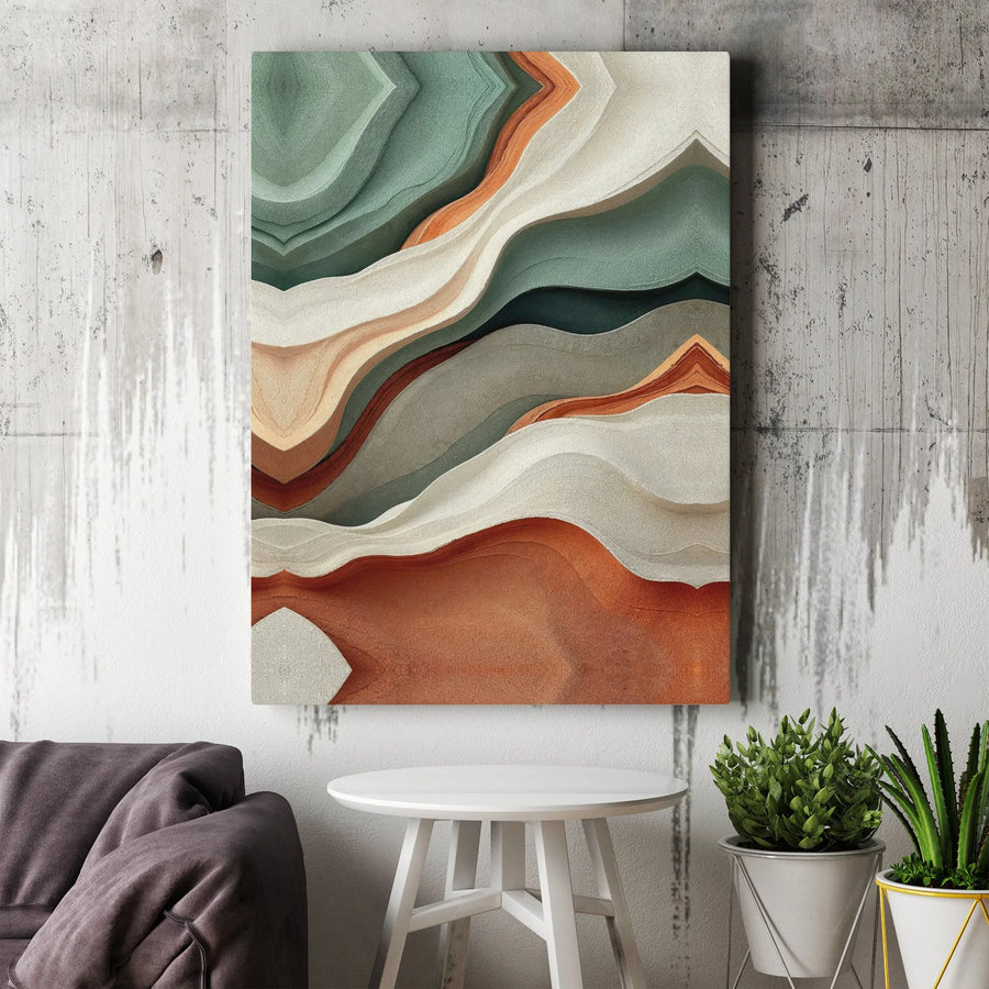 Abstract Wavy Canvas Art | Sage Green and Terracotta Layered Geology | Premium Gallery Wrapped Wall Decor | Modern Organic Living Room Wall Art