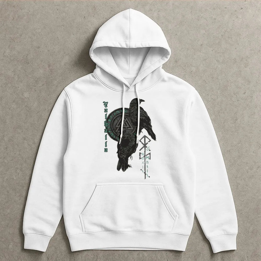 Viking Raven Hoodie | Norse Mythology Valhalla Runes Design | Premium Cotton Blend | Gift For Norse Pagan And History Lovers