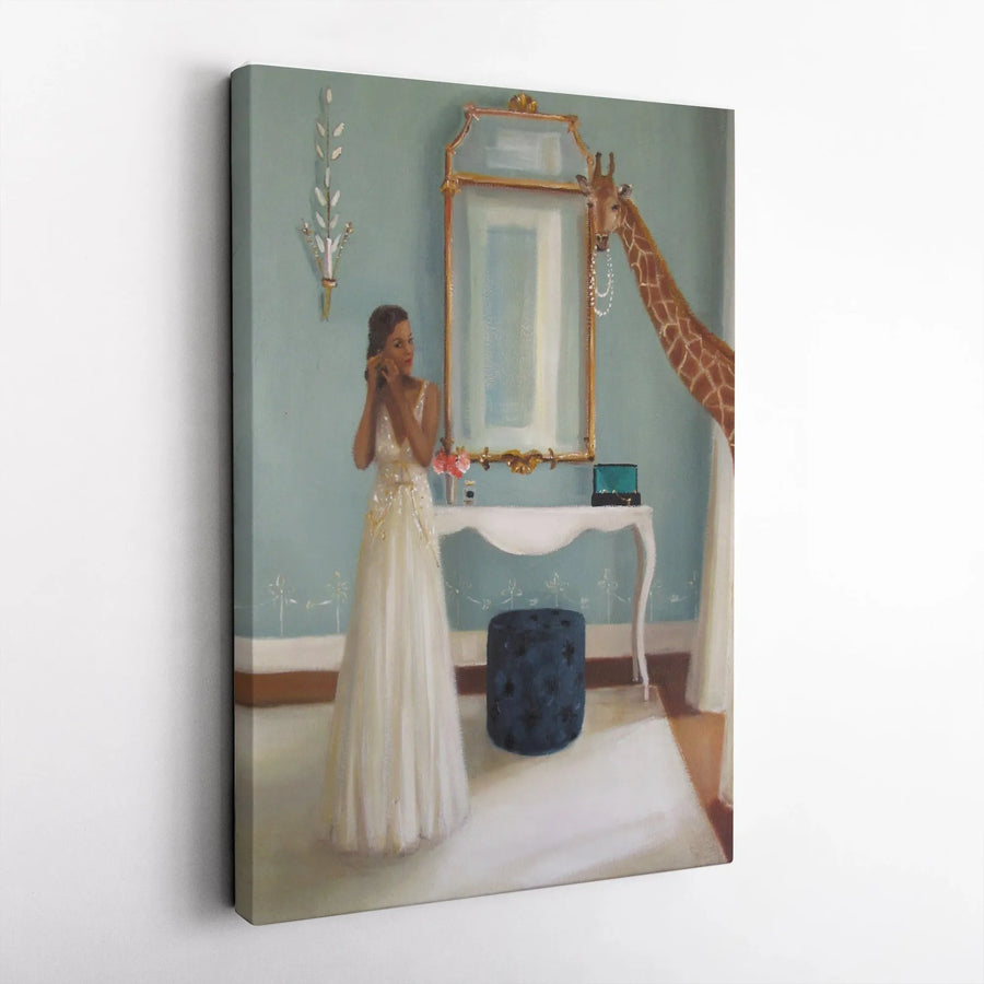 Whimsical Giraffe Canvas Wall Art | Surreal Woman Getting Ready Painting | Premium Gallery Wrapped Print | Eclectic Home Decor Gift