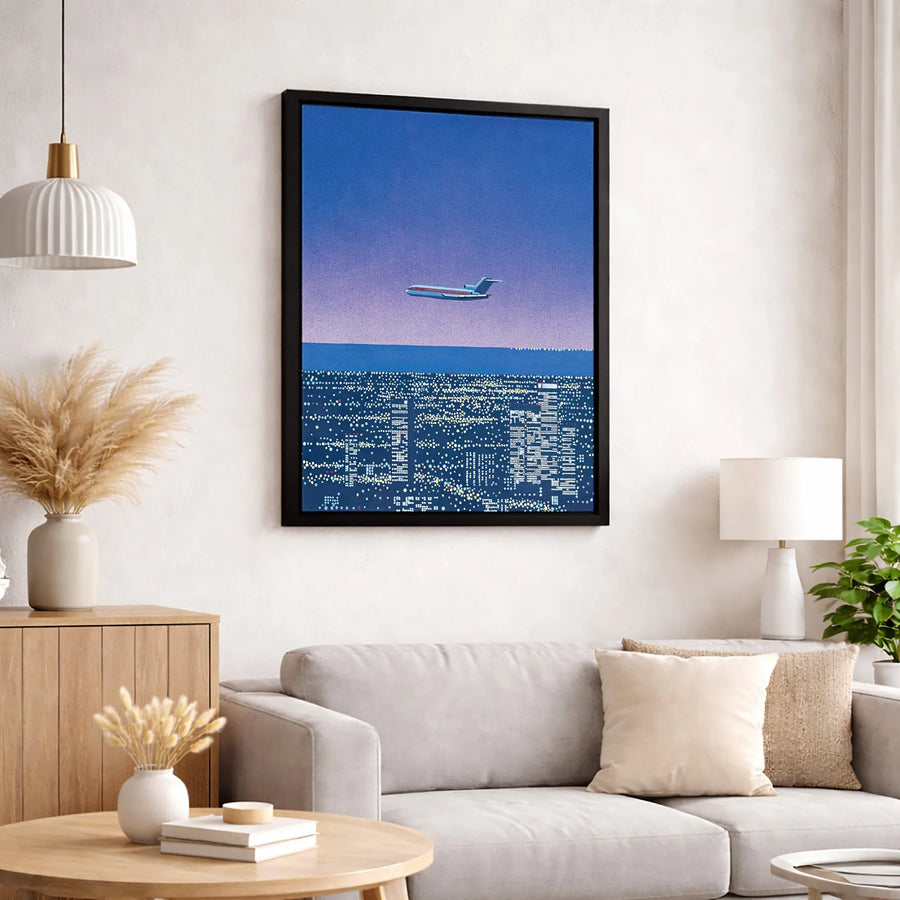 Airplane Over City Lights Canvas Wall Art | Nighttime Skyline Aerial View | Premium Gallery Wrap Print | Modern Decor For Travel Lovers