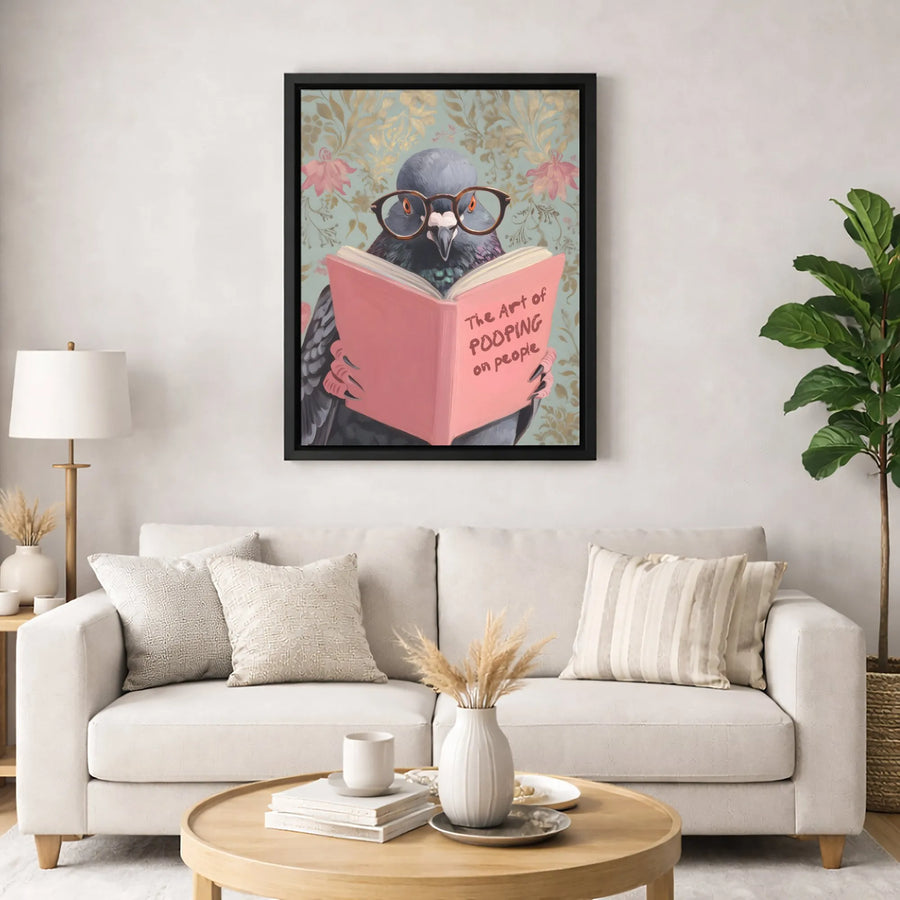 Funny Pigeon Wall Art | Reading Bird With Glasses Print | Premium Gallery Wrapped Canvas | Quirky Home Office Decor Gift