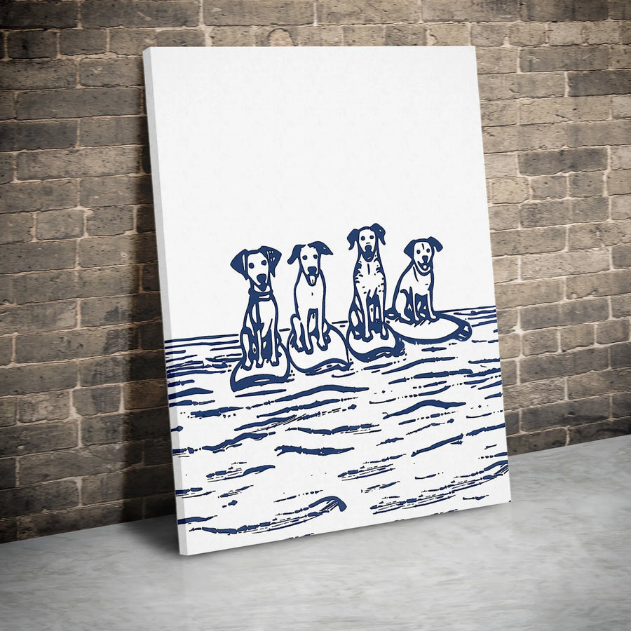 Dog Surfing Canvas Wall Art | Navy Blue Block Print Ocean Decor | Premium Fade-Resistant Gallery Wrap | Coastal Home Office Gift