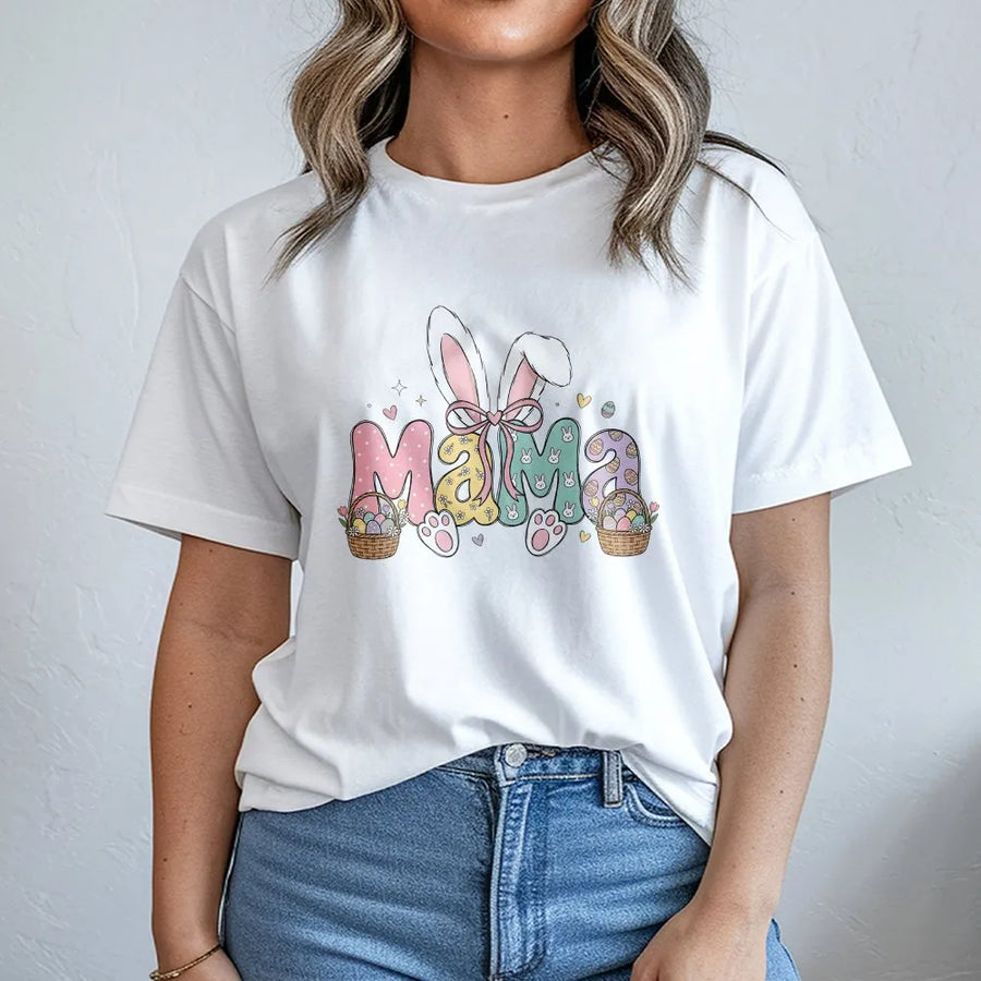 Easter Mama T-Shirt | Pastel Bunny Ear Typography Design | Premium Soft Cotton | Cute Mommy and Me Spring Gift for Mom