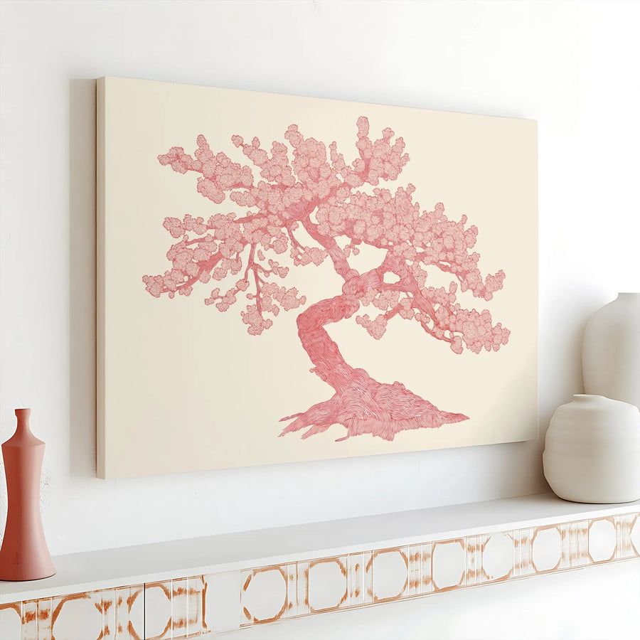 Bonsai Tree Canvas Wall Art | Red Line Drawing Japanese Minimalist Decor | Premium 1.25" Gallery Wrap | Zen Interior Gift for Home Office