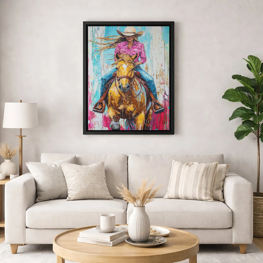 Western Cowgirl Horse Art Canvas | Vibrant Abstract Painting | Gallery-Wrapped Premium Print | Rustic Decor Gift for Equestrian Lovers