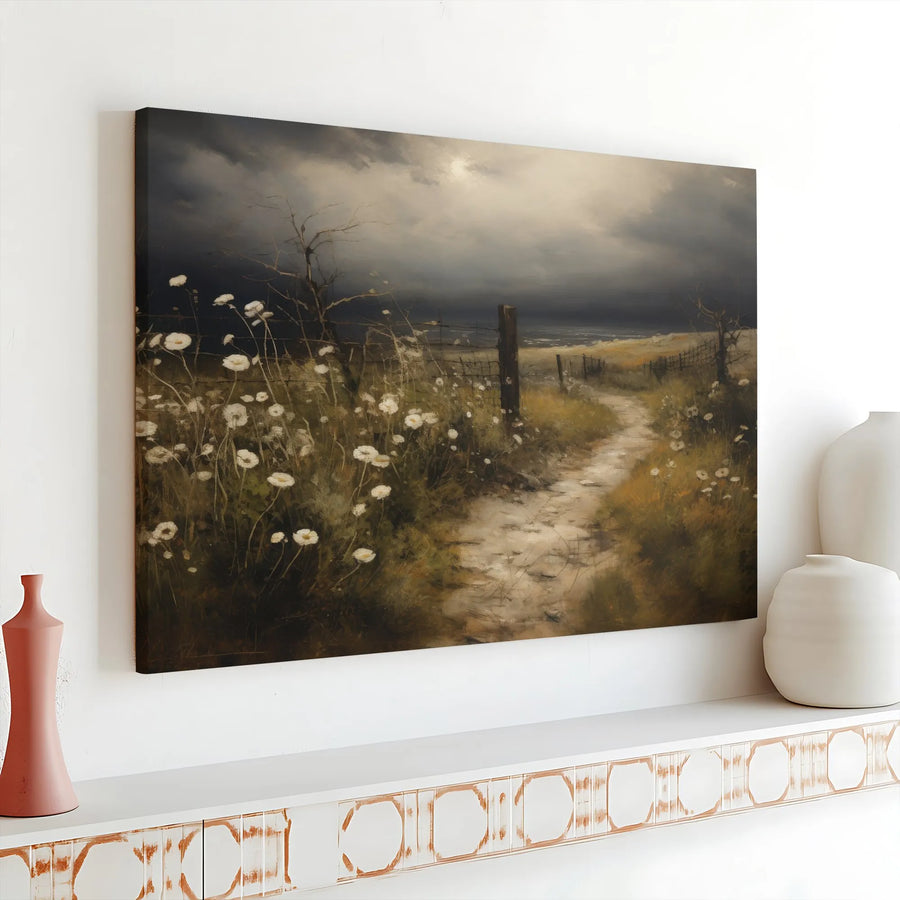 Moody Coastal Canvas Wall Art | Rustic Wildflower Path Painting Print | Premium Gallery Quality Canvas | Farmhouse Living Room Decor Gift