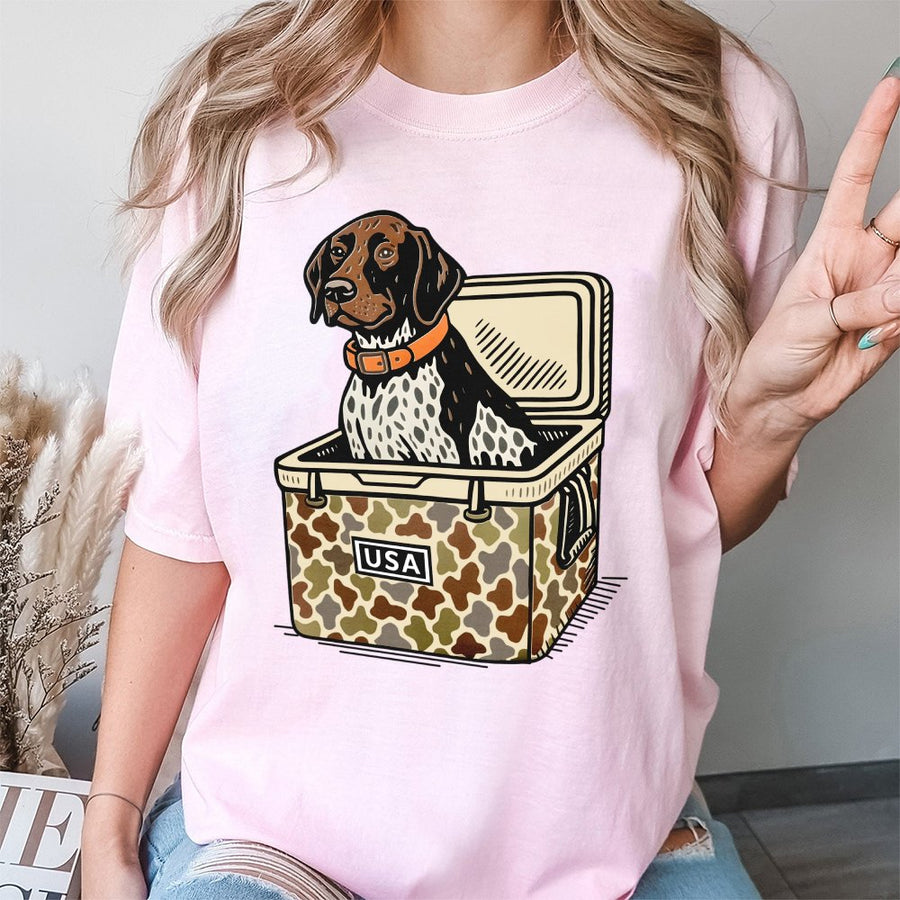 German Shorthaired Pointer T-Shirt | Hunting Dog in USA Camo Cooler Graphic | 100% Cotton Premium Tee | Outdoor Enthusiast Wildlife Gift