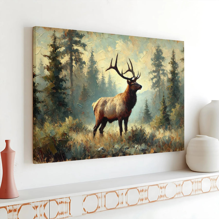 Elk Forest Canvas Wall Art | Impressionist Wildlife Oil Painting Style | Premium 1.25 Inch Gallery Wrap | Rustic Nature Decor Gift for Hunters