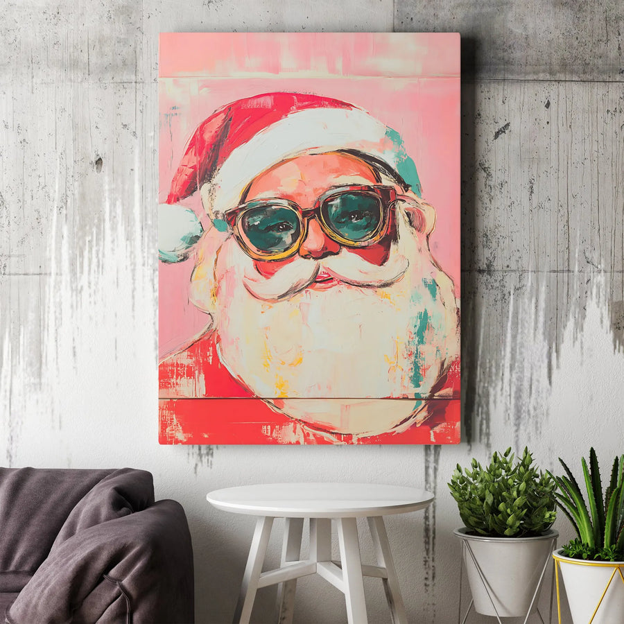 Cool Santa Claus Canvas Wall Art | Abstract Holiday Portrait with Sunglasses | Premium 1.25" Gallery Wrap | Modern Christmas Home Decor Gift