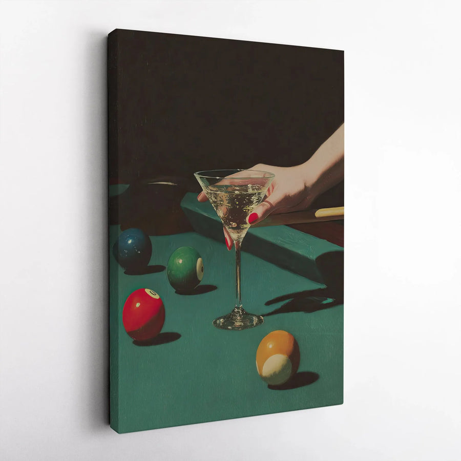 Vintage Billiards and Cocktail Vertical Canvas | Retro Pool Table Martini Glass Art for Home Bar | 1.25" Gallery Wrap Frame | Moody Man Cave Lounge Decor Gift