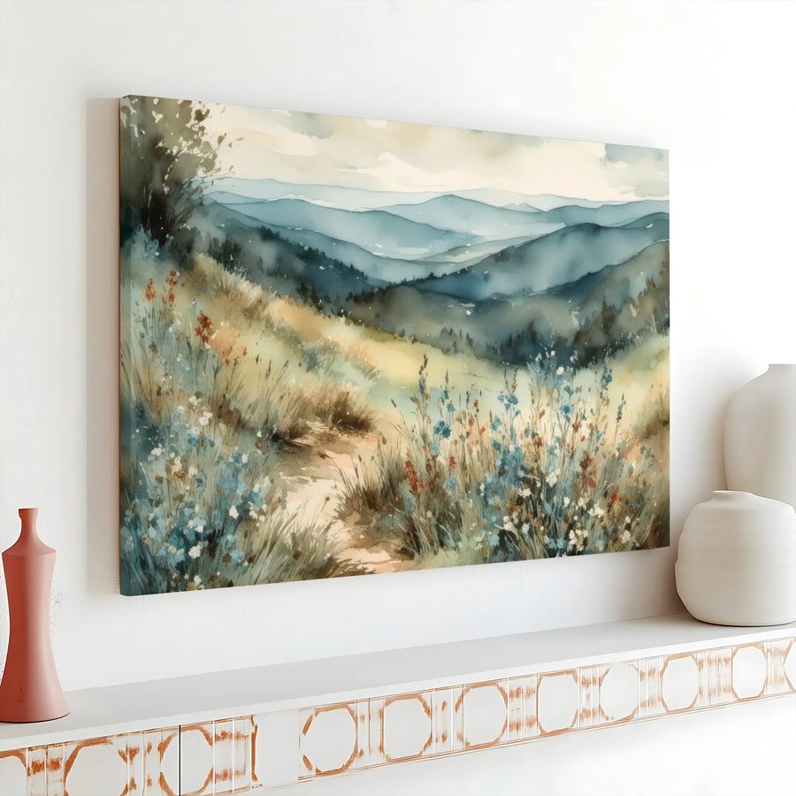 Mountain Landscape Canvas Wall Art | Watercolor Wildflower Meadow Print | 1.25" Gallery Wrap Premium Decor | Serene Nature Home Office Decor Gift