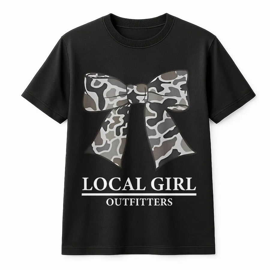 Local Girl Camo Bow T-Shirt | Southern Style Country Aesthetic | Premium 100% Cotton Tee | Gift for Cowgirls and Outdoor Lovers
