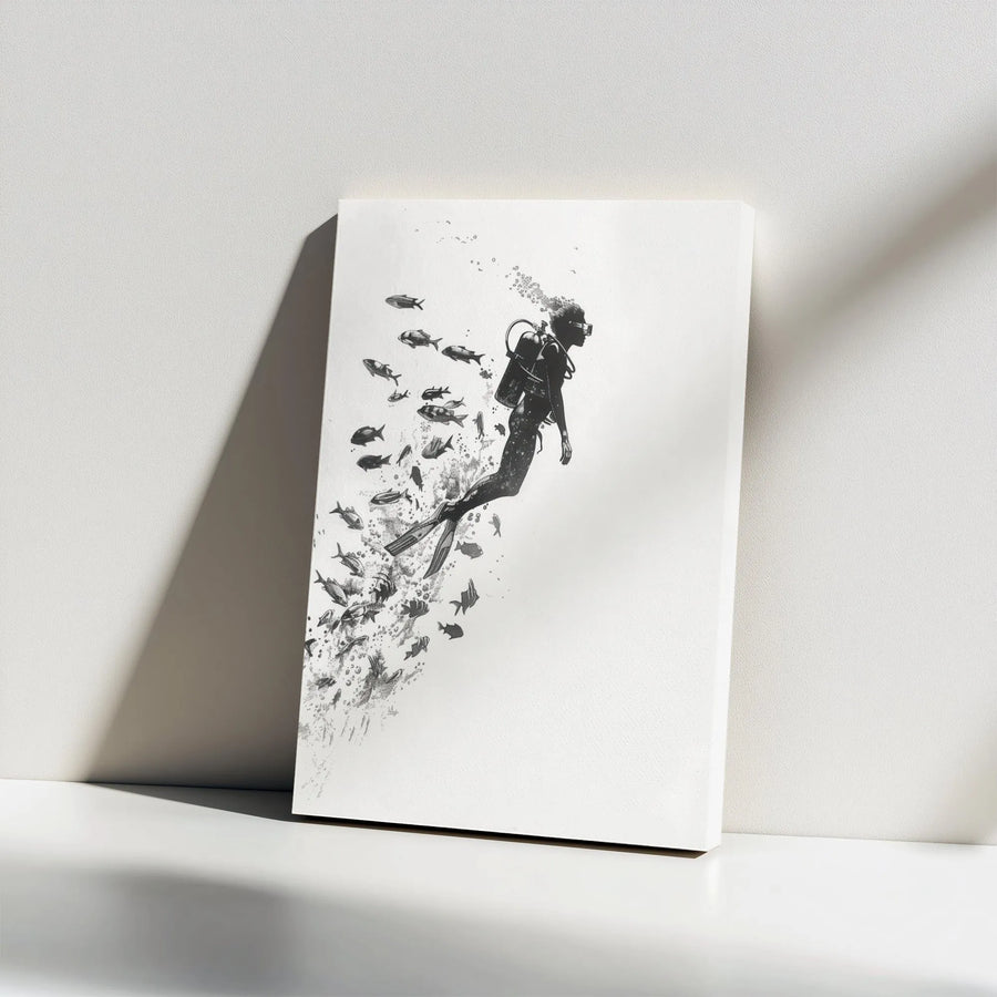 Scuba Diver Canvas Wall Art | Black and White Ocean Sketch | 1.25-Inch Gallery Wrap | Gift for Scuba Divers and Ocean Lovers