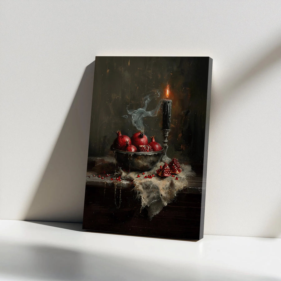 Still Life Pomegranate Canvas Print | Moody Dark Academia Kitchen Wall Art | 1.25 Inch Gallery Wrap | Elegant Dining Room Decor Gift